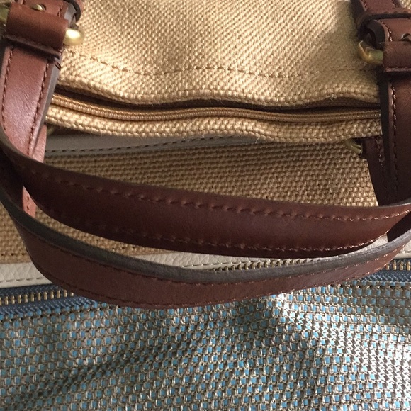 FOSSIL Explorer Tote Canvas Woven Straw Crossbody and Wallet Set Tan Blue - Picture 6 of 15